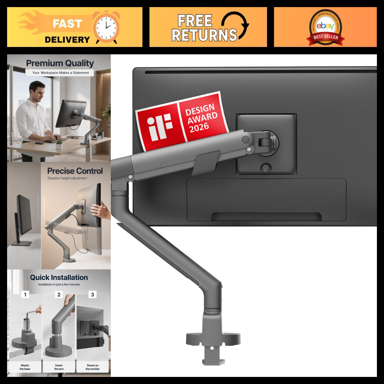 Heavy Duty Adjustable Monitor Arm Mount for Desks - Fits Up to 40" Screens, VESA