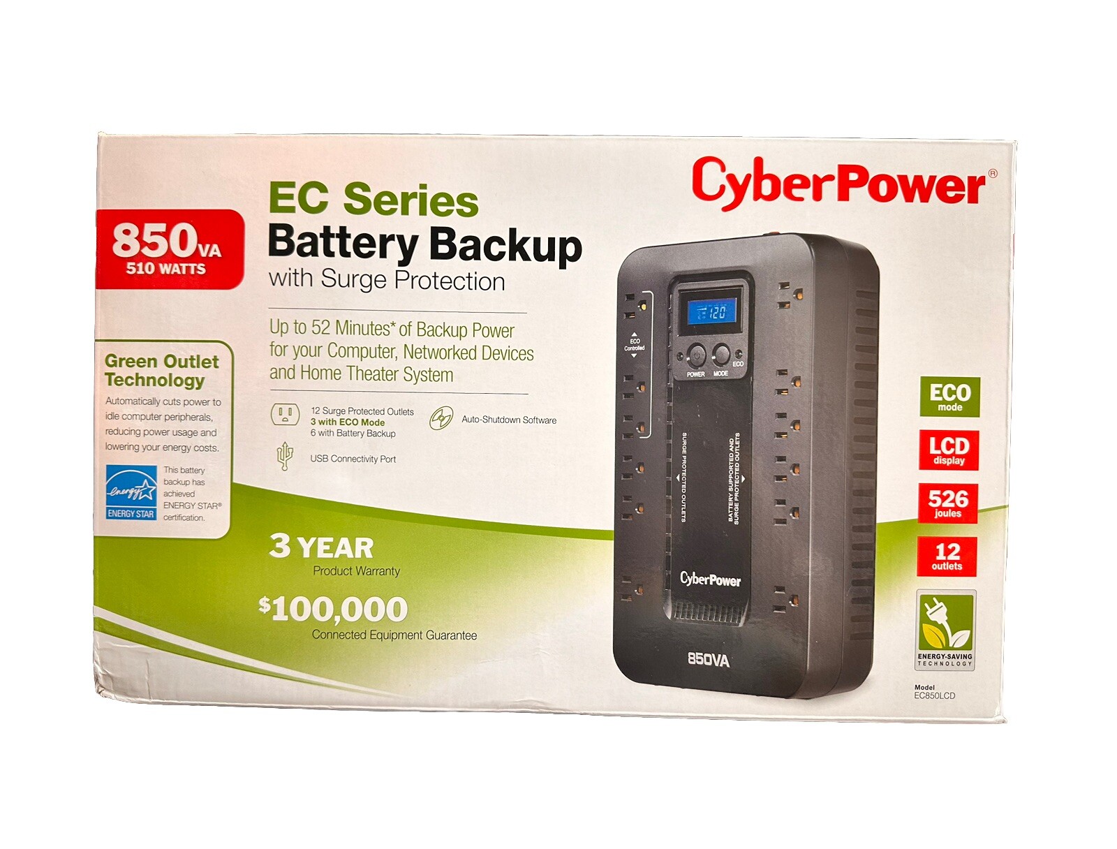 CyberPower EC850LCD Battery Backup W/Surge Protector UPS System 850va510watts
