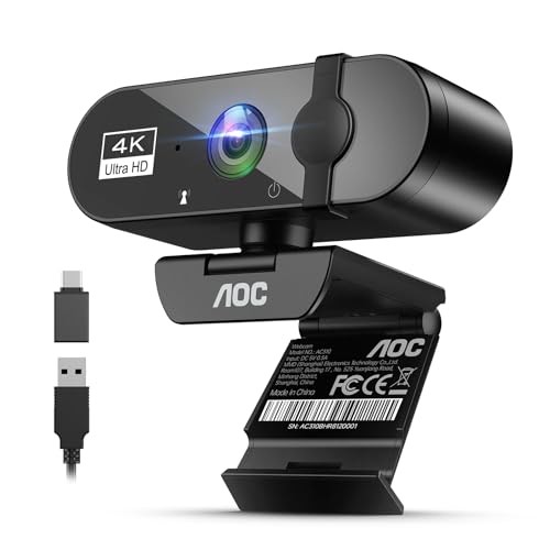 AOC 4K Webcam with Microphone 8MP 1080P@30FPS 99° Field of View Automatic Light