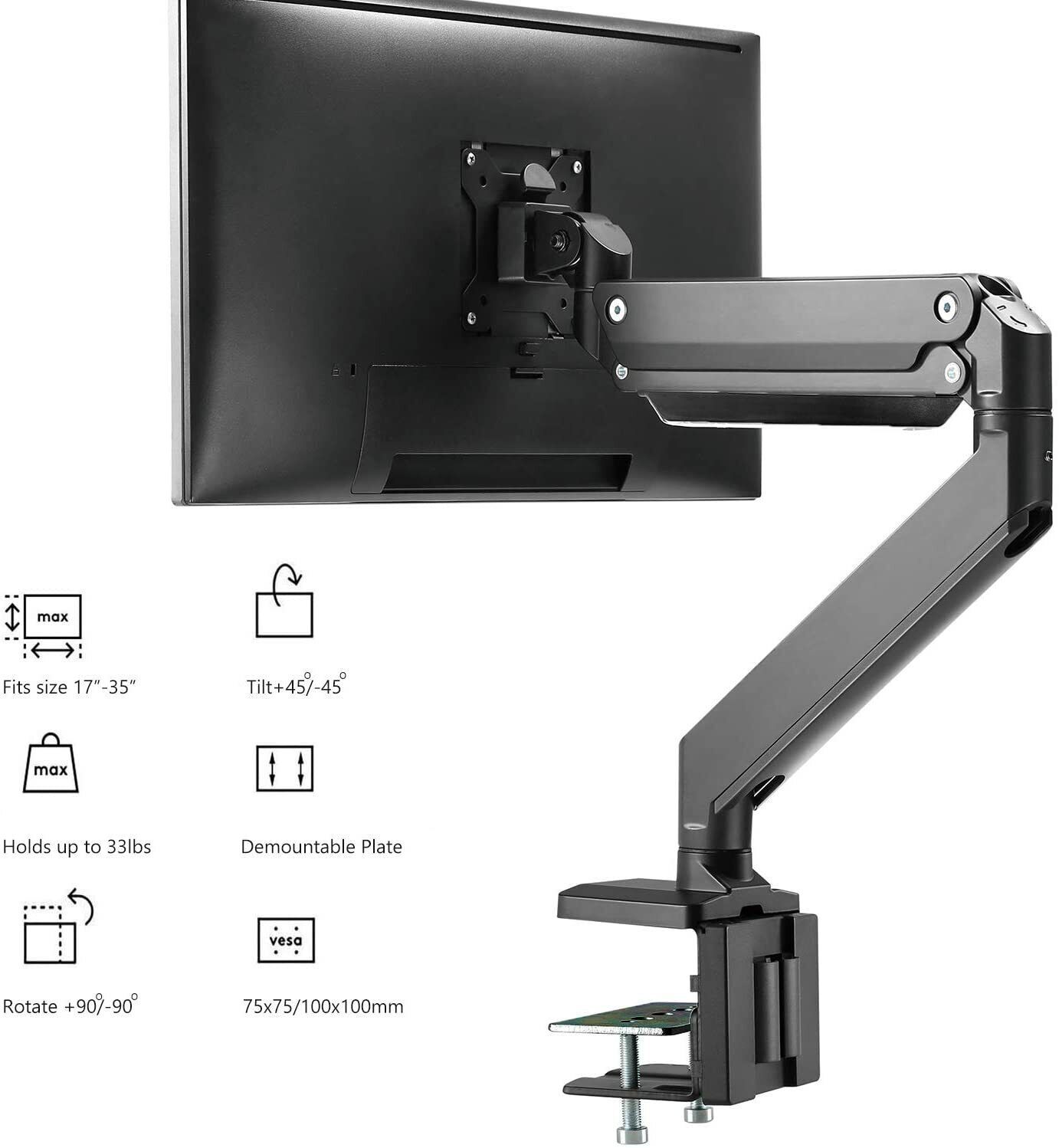 WALI Single Monitor Spring Desk Mount Heavy Duty Aluminum Adjustable 35 in 33 lb