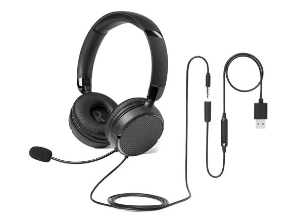 Amazon Basics On-Ear Wired Computer Headset Boom Mic 3.5mm USB-A Foldable Black