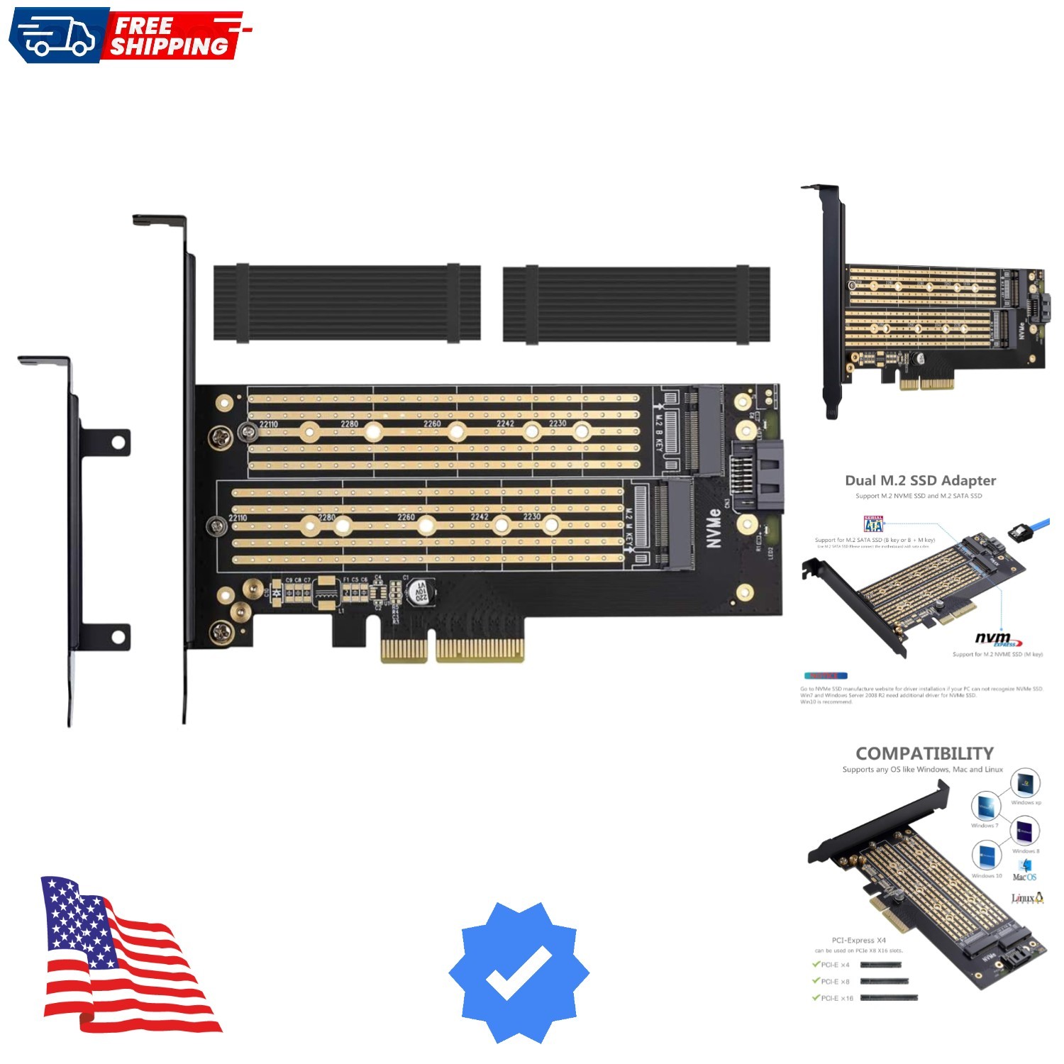 Dual M.2 PCIE Adapter for SATA or PCIE NVMe SSD with Advanced Heat Sink Solut...