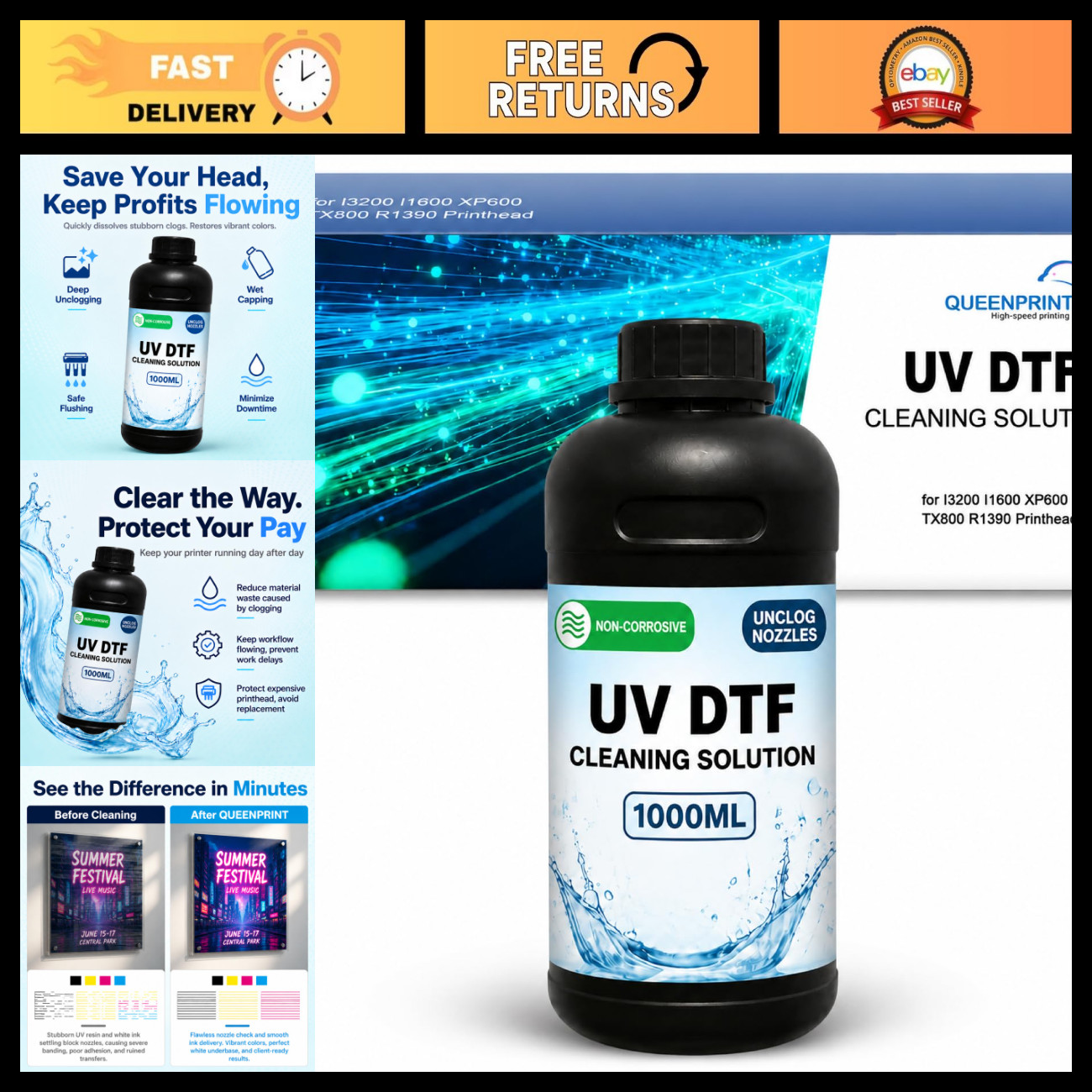 1000ML UV Ink Cleaning Solution & Printhead Cleaner - Non-Corrosive Flush for DT