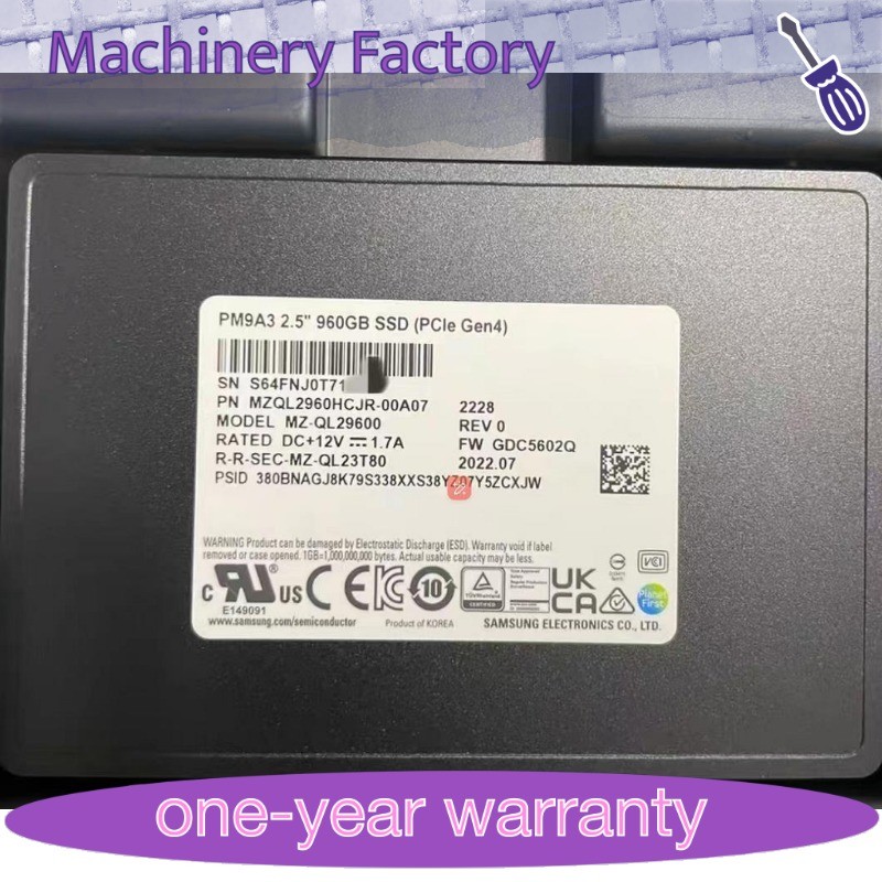 Used Samsung PM9A3 960GB 2.5” SSD U.2 PCle 4.0 X4 MZQL2960HCJR-00A07、00BAL