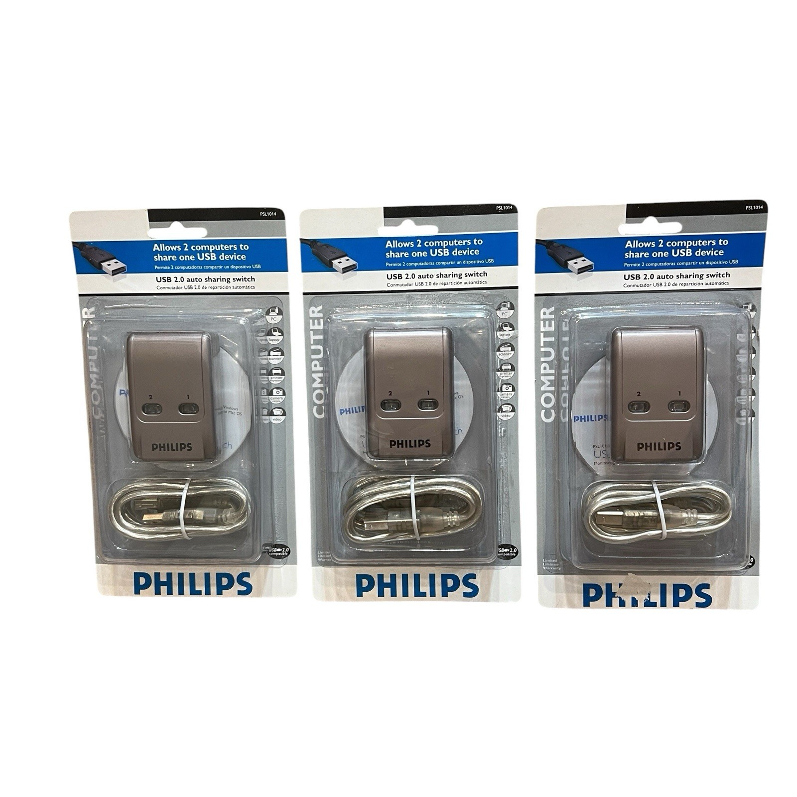 Lot 3 Philips PSL1014 USB 2.0 Automatic Sharing Switch Mini Hub NEW