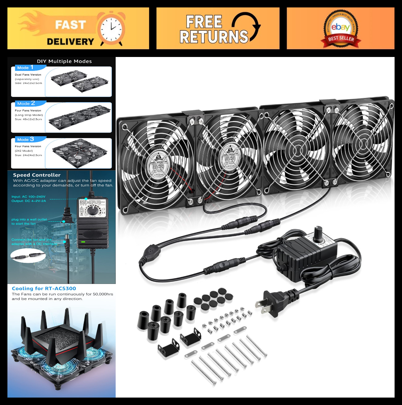 High Airflow 4x 120mm Fans with AC Speed Controller for GPU Mining, Server Cooli