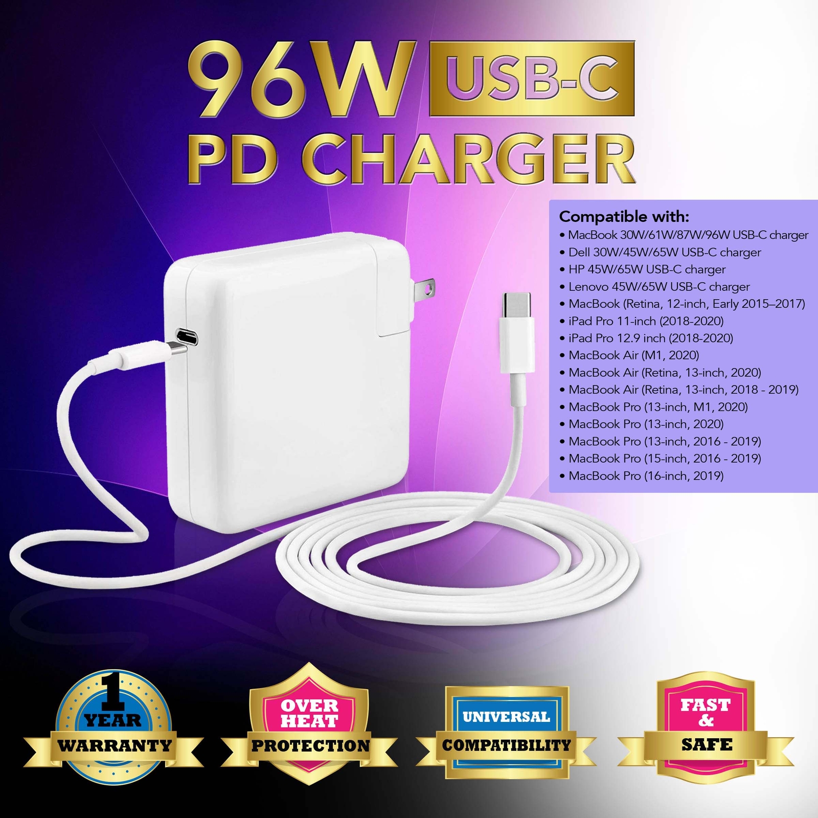 96W USB C Adapter Mac Book Pro Charger For MacBook Air 13" A2337 M1, A2179,A1932