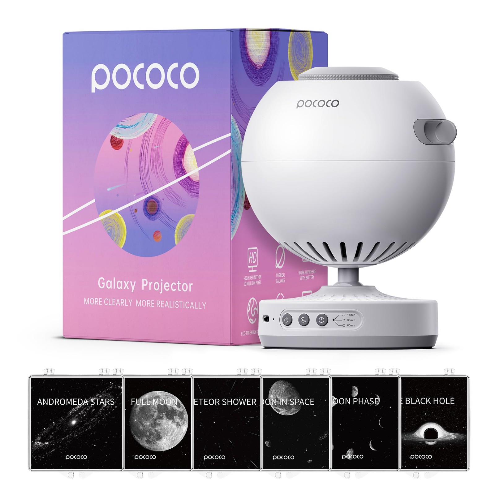 POCOCO Galaxy Projector + Moon and Stars Discs (6 Pieces) White