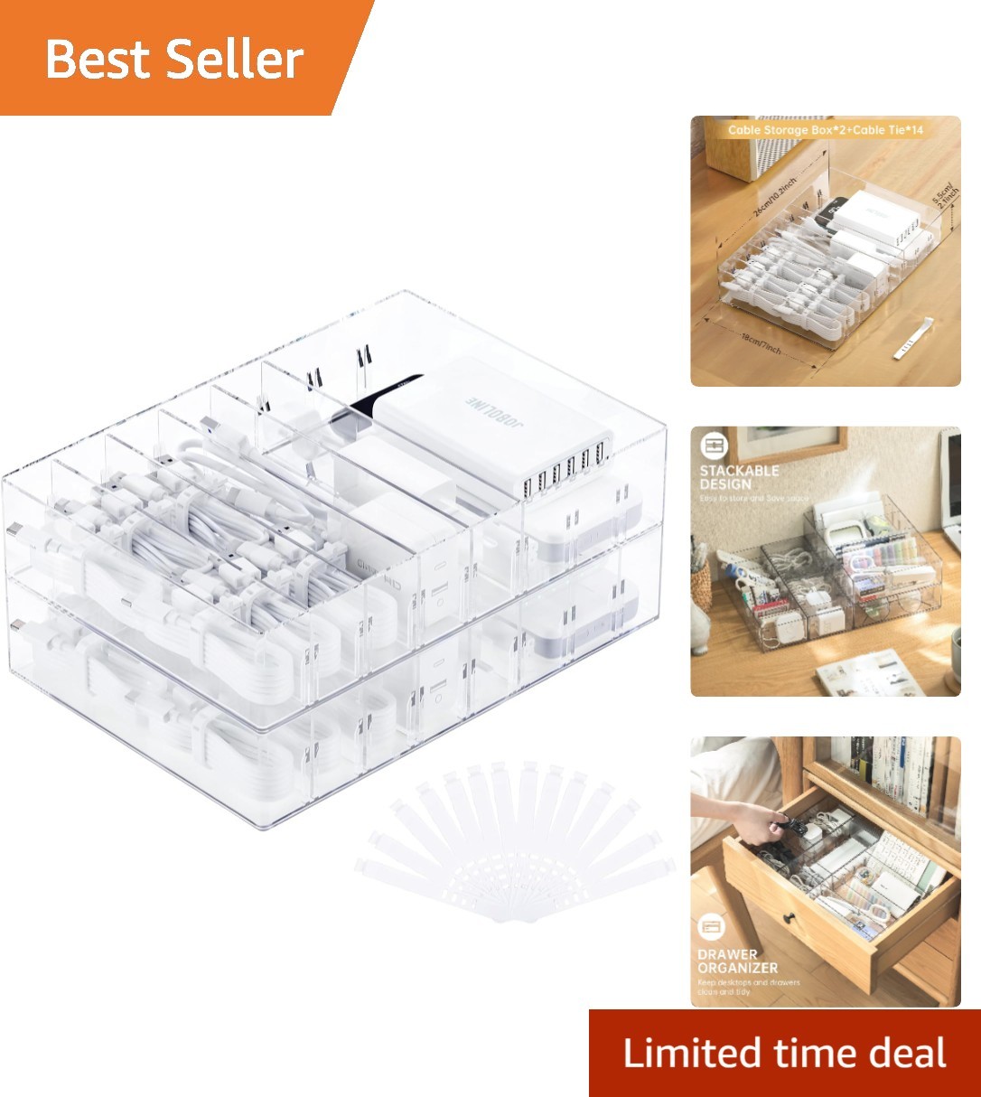 Stackable 2-Pcs Clear Cable Management Box for Effortless Organization