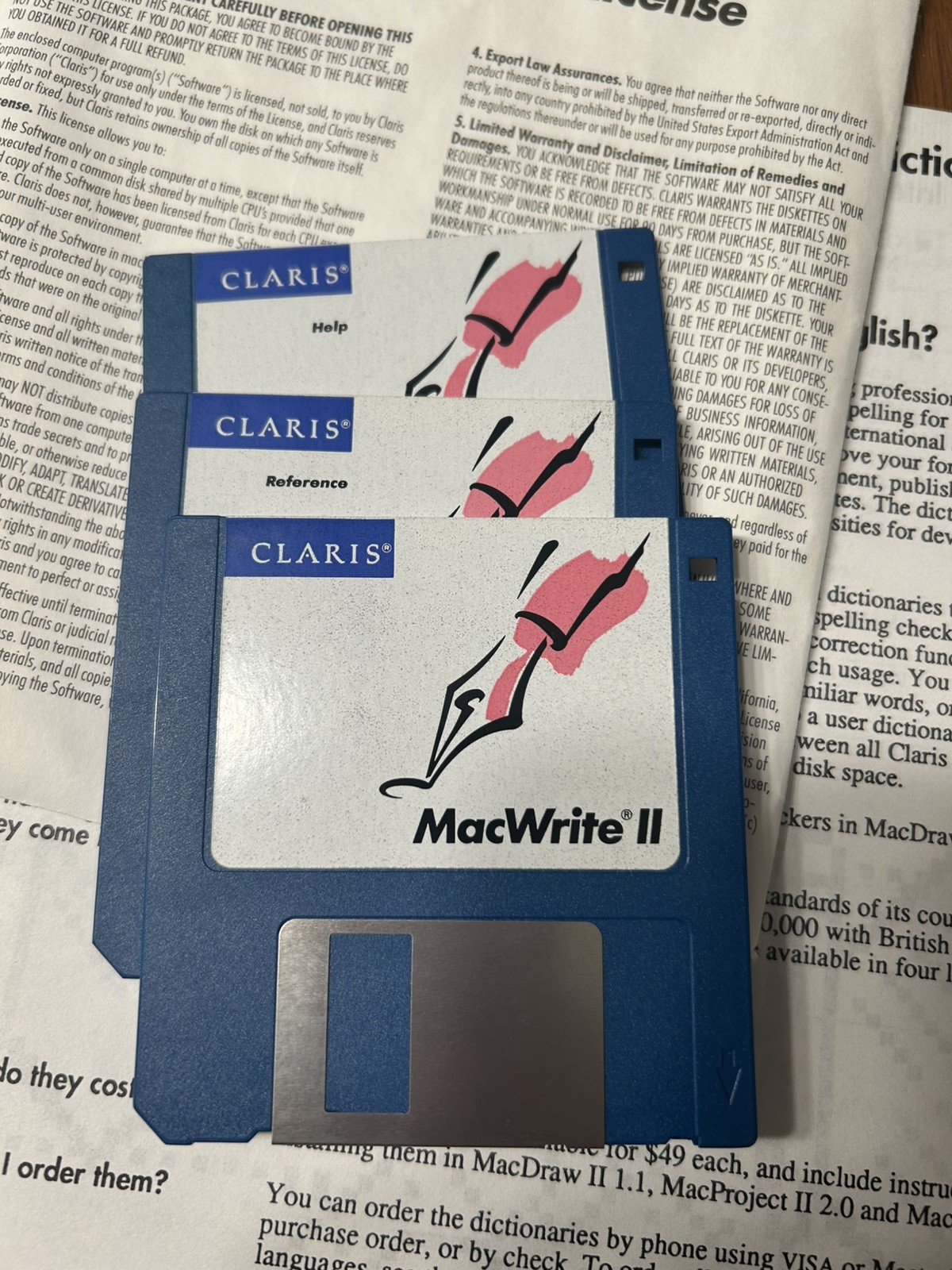Claris Macwrite II floppy disc set, box, literature Mac software 1989 vintage