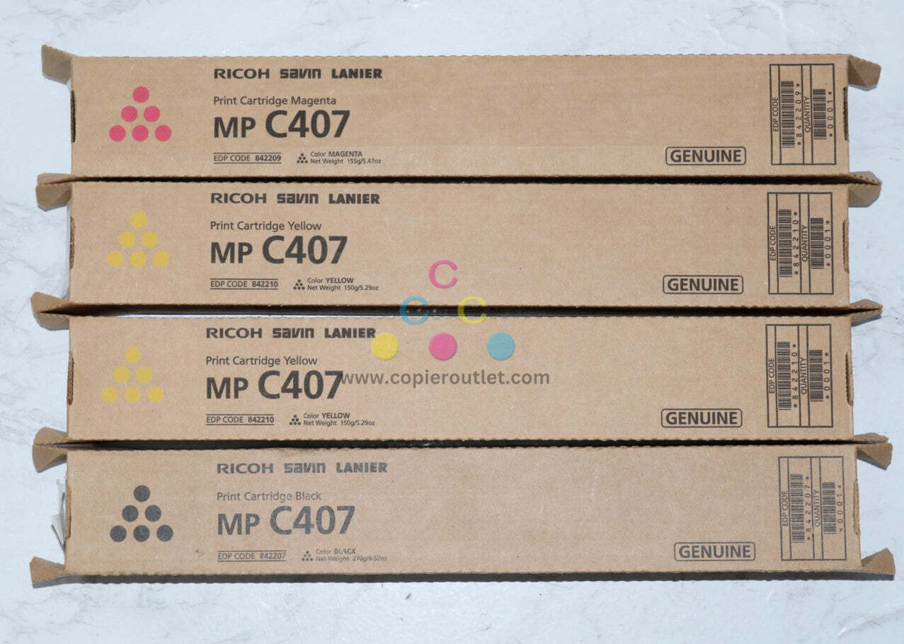 4 New OEM Ricoh MP C407 MYYK Print Cartridges 842207, 842209, 842210