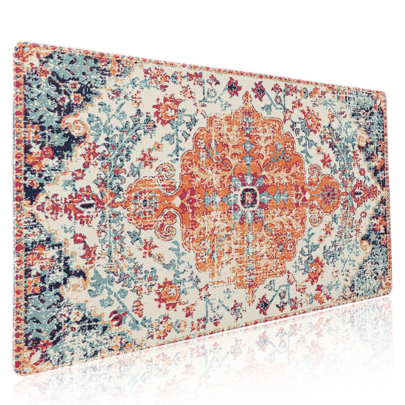 Orange Teal Boho Gaming Mouse Pad XXL Vintage Rug 15.7" x 35.4",