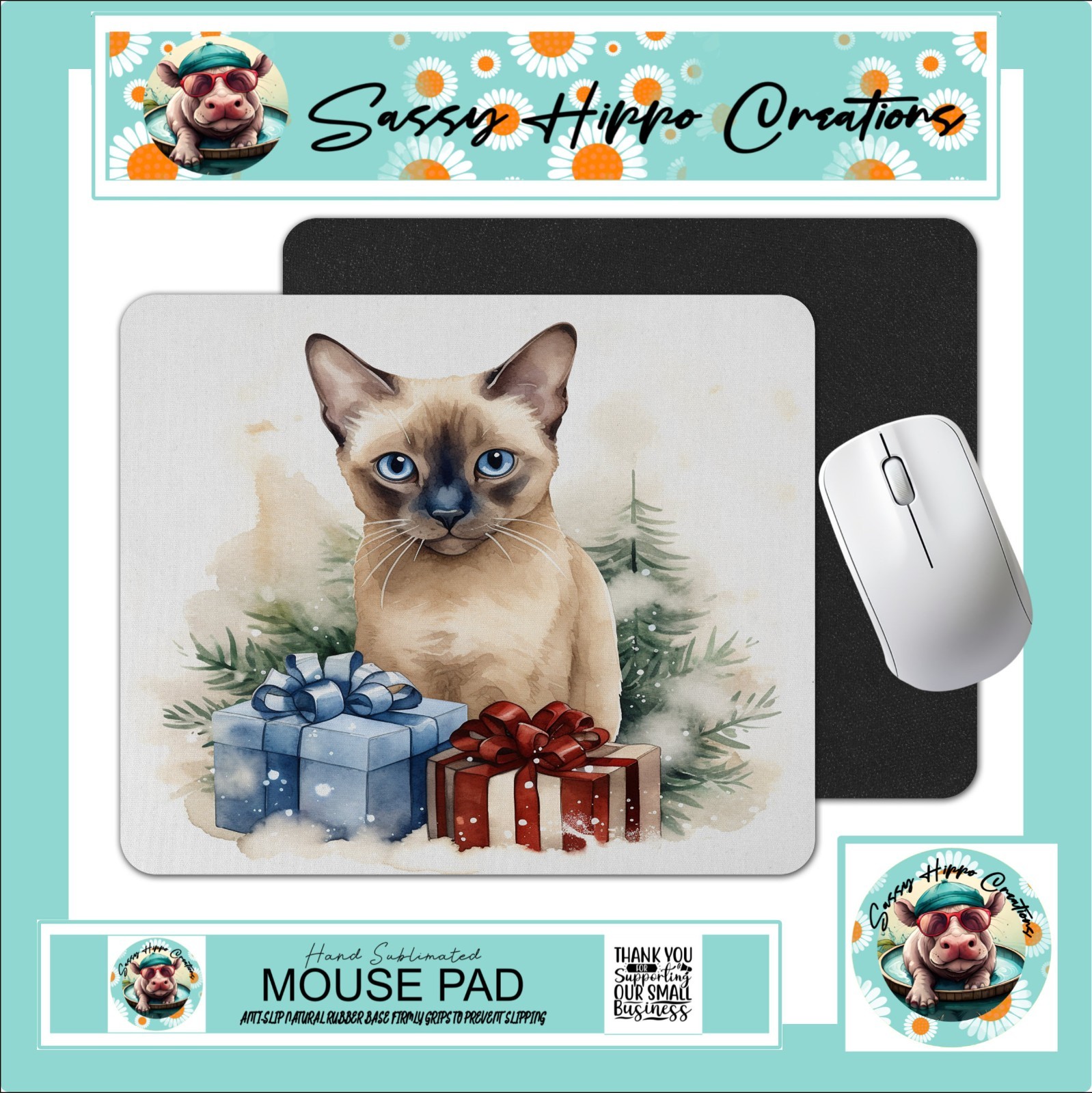 Mouse Pad Pretty Tonkinese Cat Kitten Christmas Holiday Anti Slip Back EasyClean