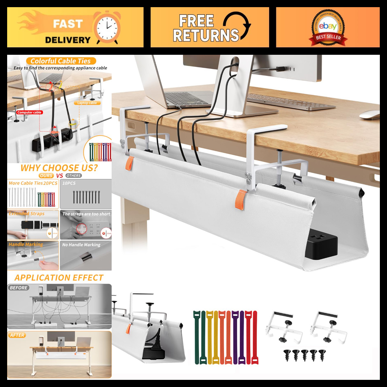 36-Inch Under Desk Cable Management Tray - No Drill, White Organizer for Cords