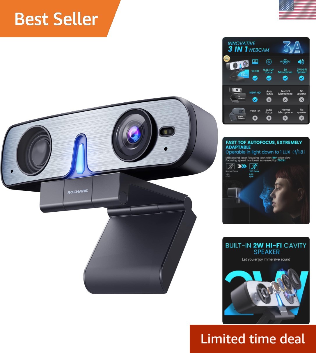 2K Webcam with Speaker, Webcam for PC, HD Web Cam with Noise Reduction Mic/Ha...