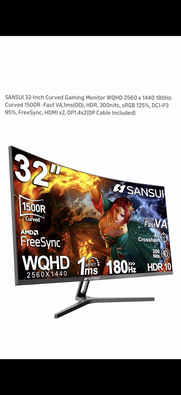 SANSUI 32-Inch 2K Curved Gaming Monitor WQHD 2560 x 1440 180Hz ES-G32c1q