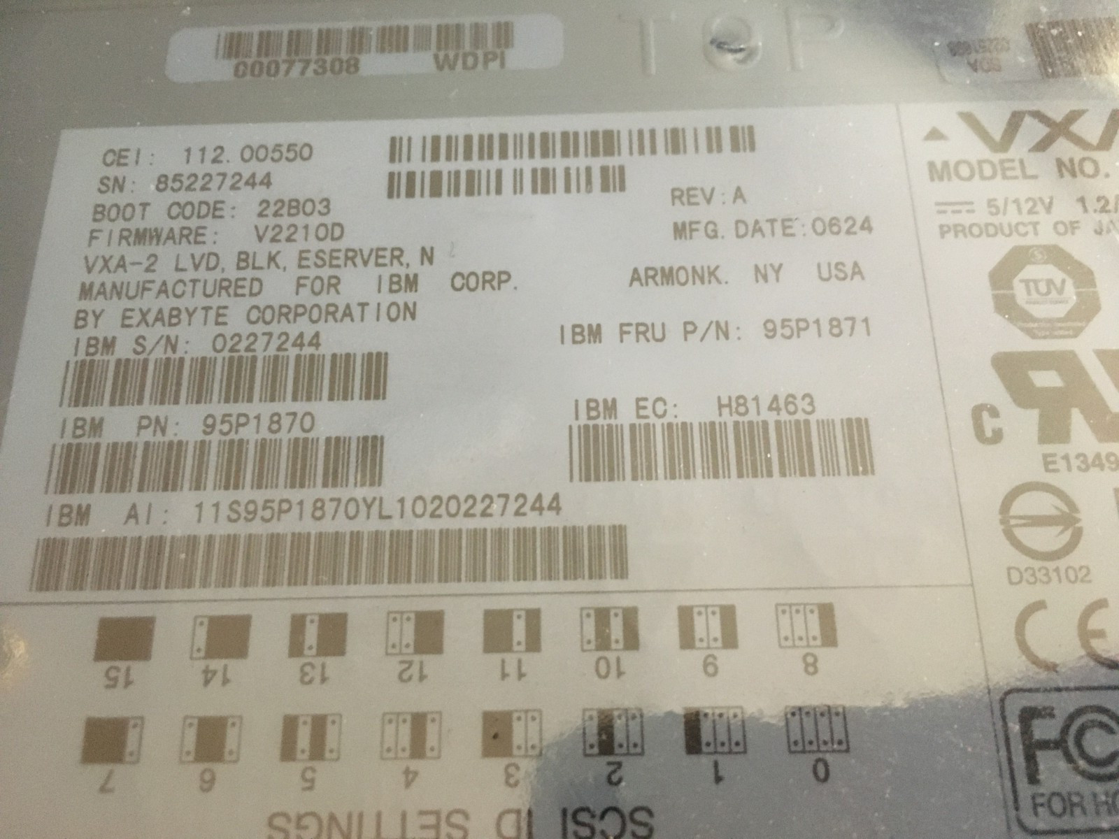 IBM 95P1870  VXA-2 80GB TAPE DRIVE Internal SCSI LVDExabyte 112.00550 NEW SEALED