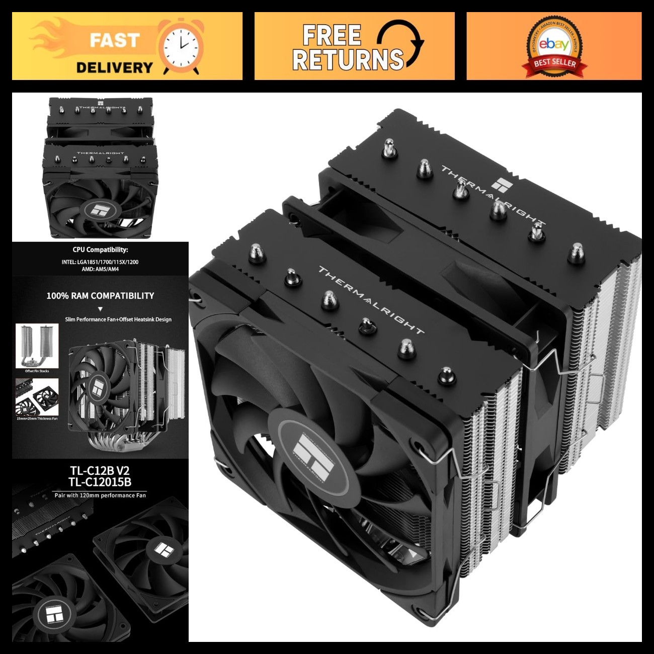 High-Performance CPU Air Cooler, Dual Tower Heatsink, 6 Heat Pipes, 120mm PWM Fa