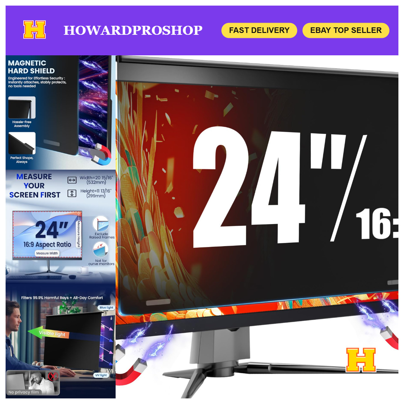 24" Magnetic Privacy Screen Filter - Anti-Glare, Blue Light Blocking, Removable