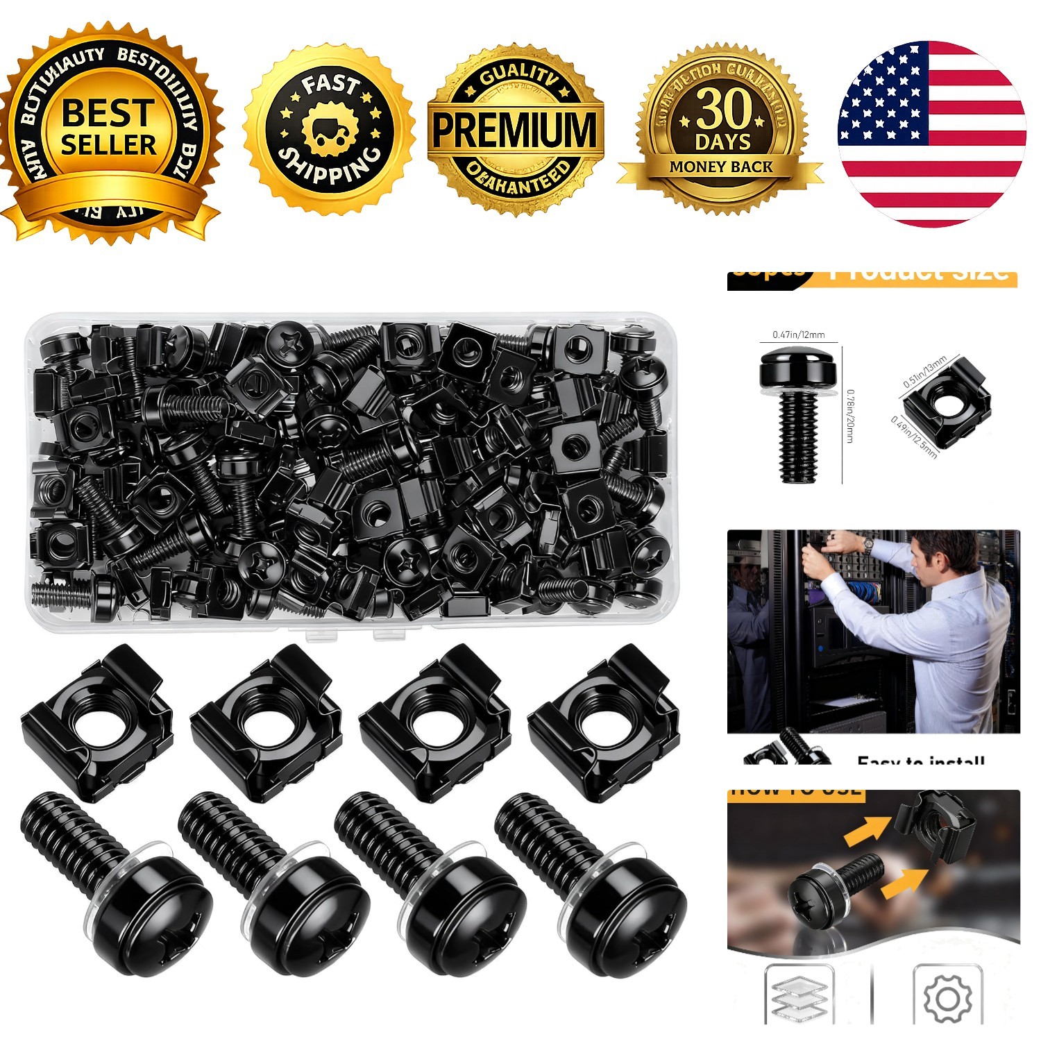 40 Pack M6 x 20mm Rack Mount Screws Cage Nuts Nylon Washers Black Carbon Steel