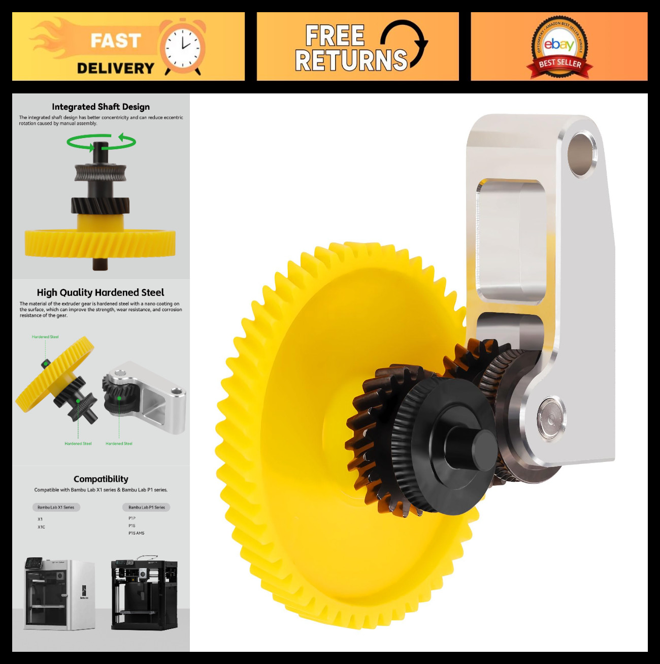 Upgrade P1S Hardened Steel Extruder Gear for 3D Printers, High Filament Flow, Du