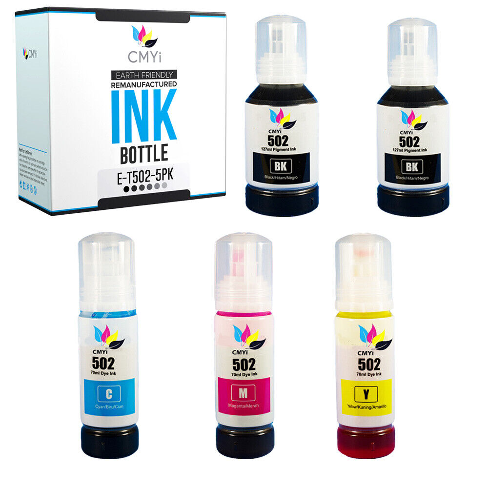 5 PK Refill Ink Bottles for Epson 502 Black and Color Combo Fits Ecotank 4850