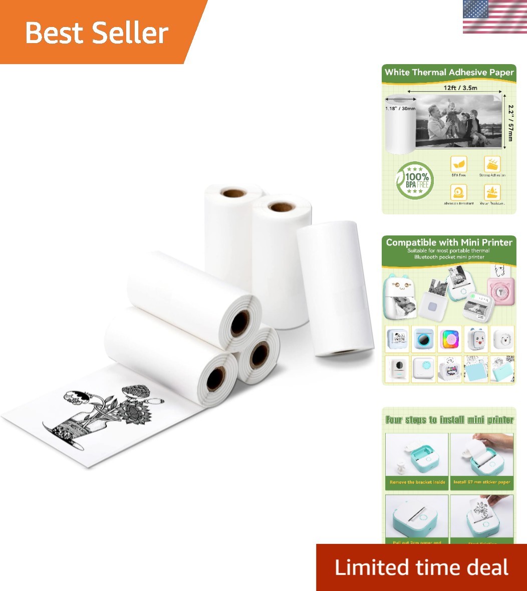 6 Rolls of 57x30mm Biodegradable Thermal Sticker Paper for Mini Printers