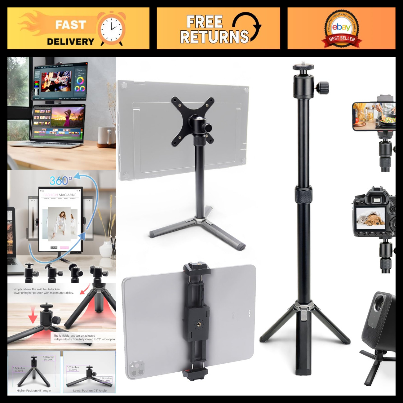 Adjustable Portable Metal Monitor Tablet Stand Tripod - Height & Angle Adjustabl