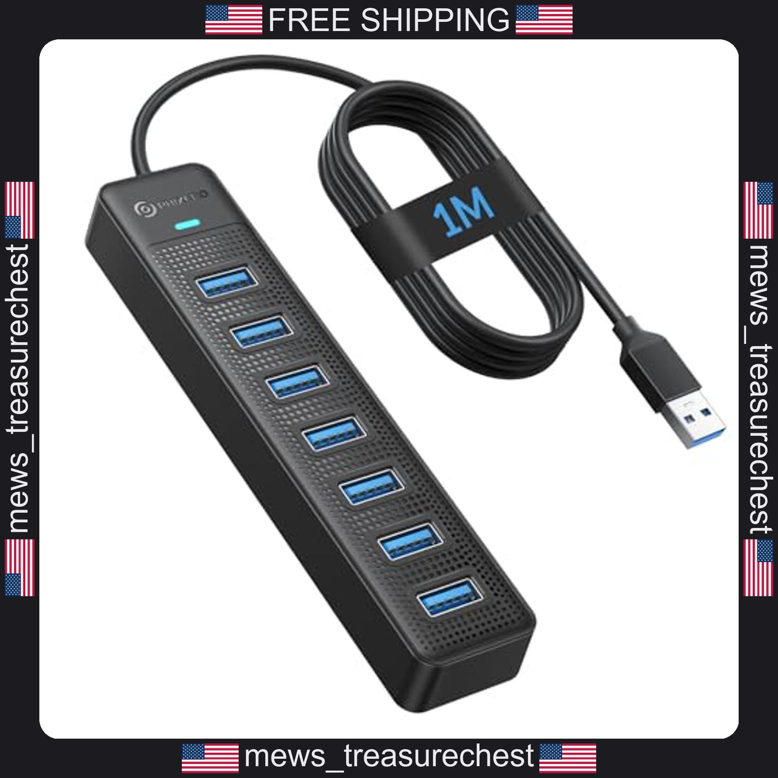 7 Port USB Hub with 3.3FT Cable, USB 3.0 Splitter for PC and Devices