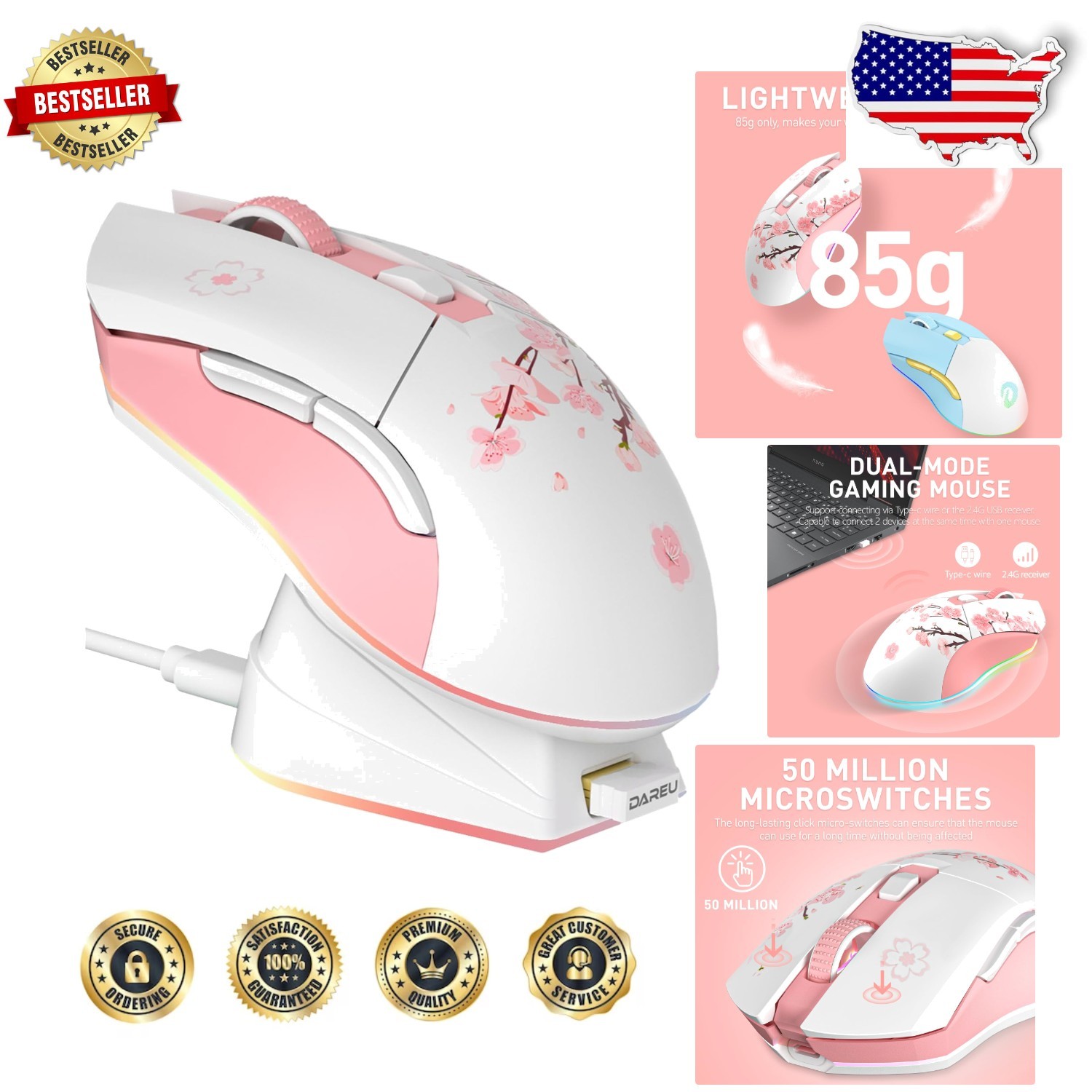 Sakura Pink Wireless Gaming Mouse 12K DPI RGB Charging Dock 6 Prog Buttons