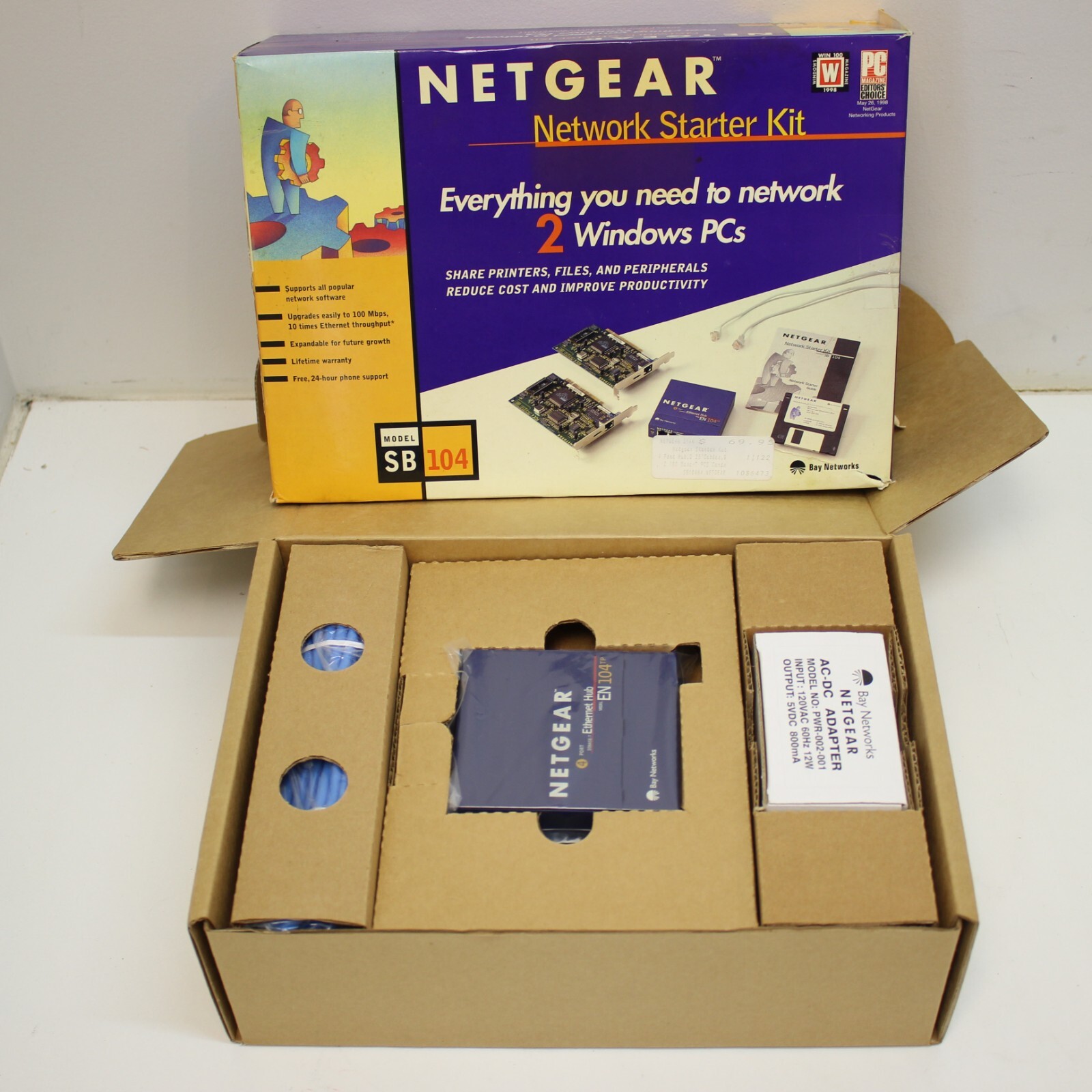 NETGEAR Network Starter Kit (SB104) 4 Port Hub, 2x Network Cards & Software NOS