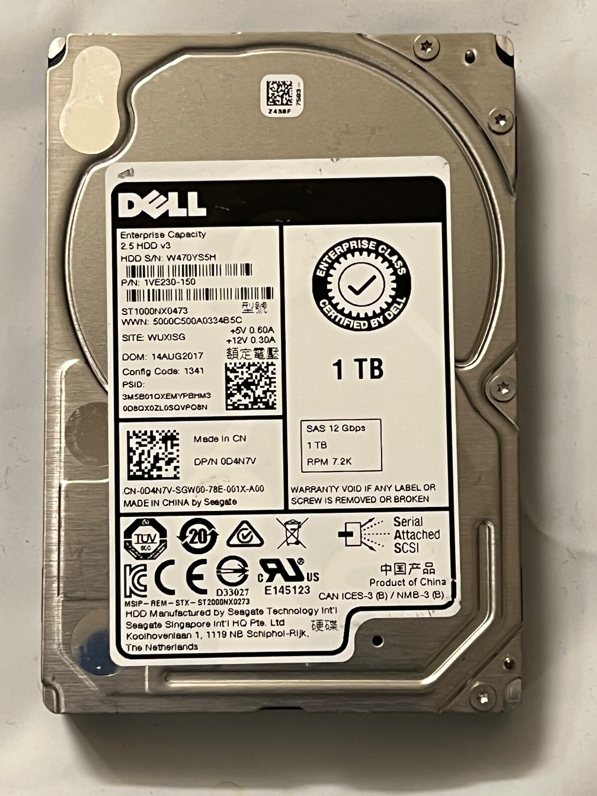 Compatible Dell 1TB SAS 12G 7.2K SFF 512n HDD Seagate ST1000NX0473 0D4N7V NEW