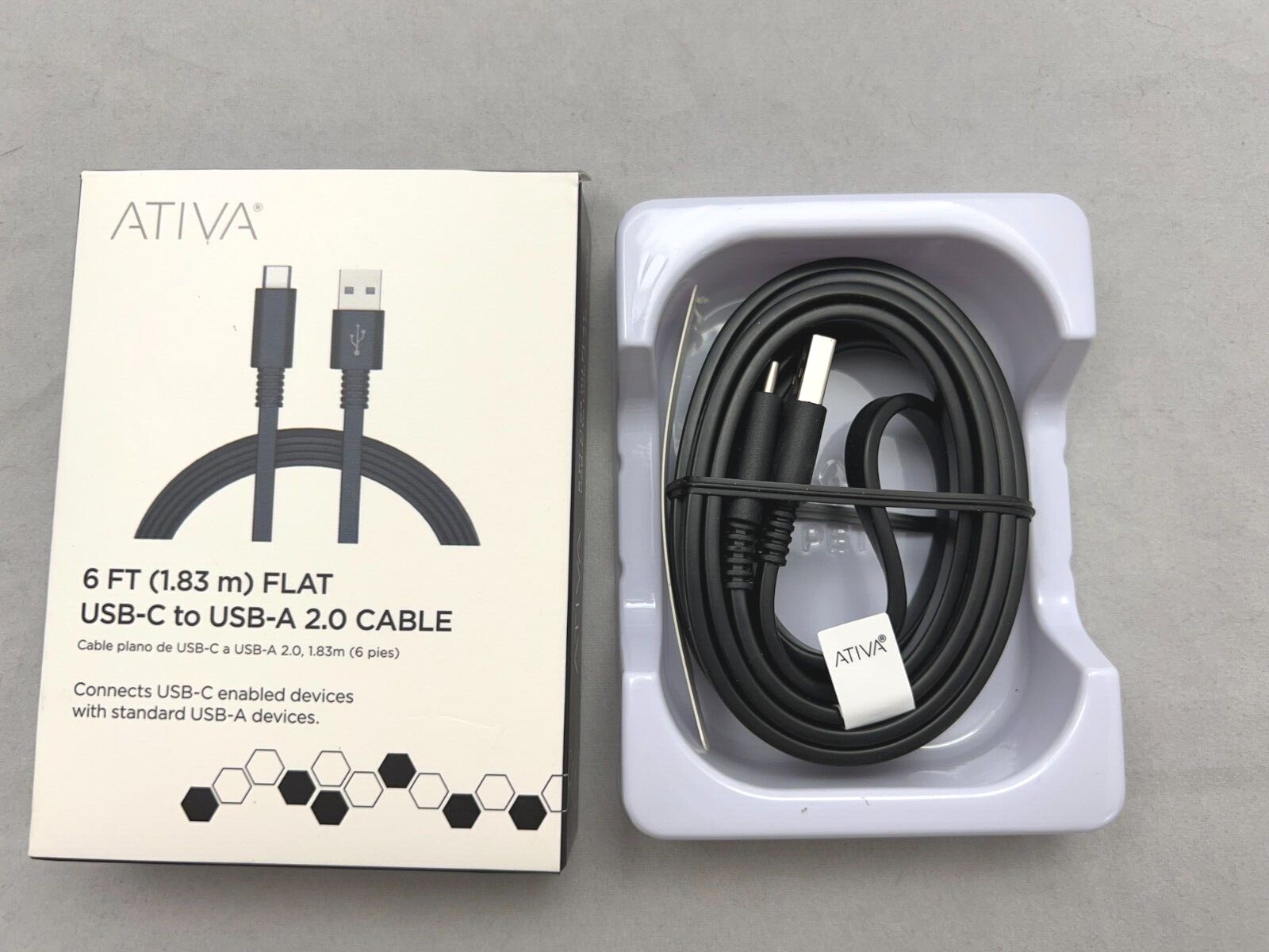 ATIVA 6 FT Flat USB-C to USB-A 2.0 Cable  FAST SHIP