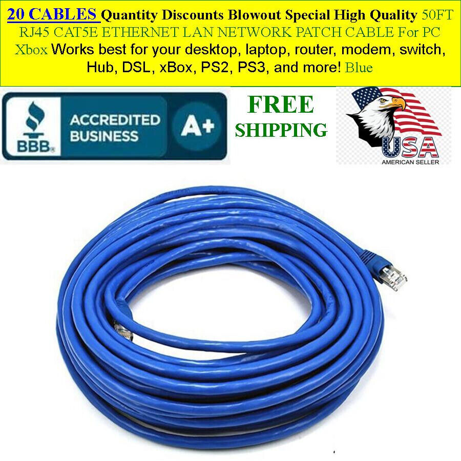 20 CABLES 50FT RJ45 CAT5E ETHERNET LAN NETWORK PATCH CABLE For PC, Xbox PS2 PS3