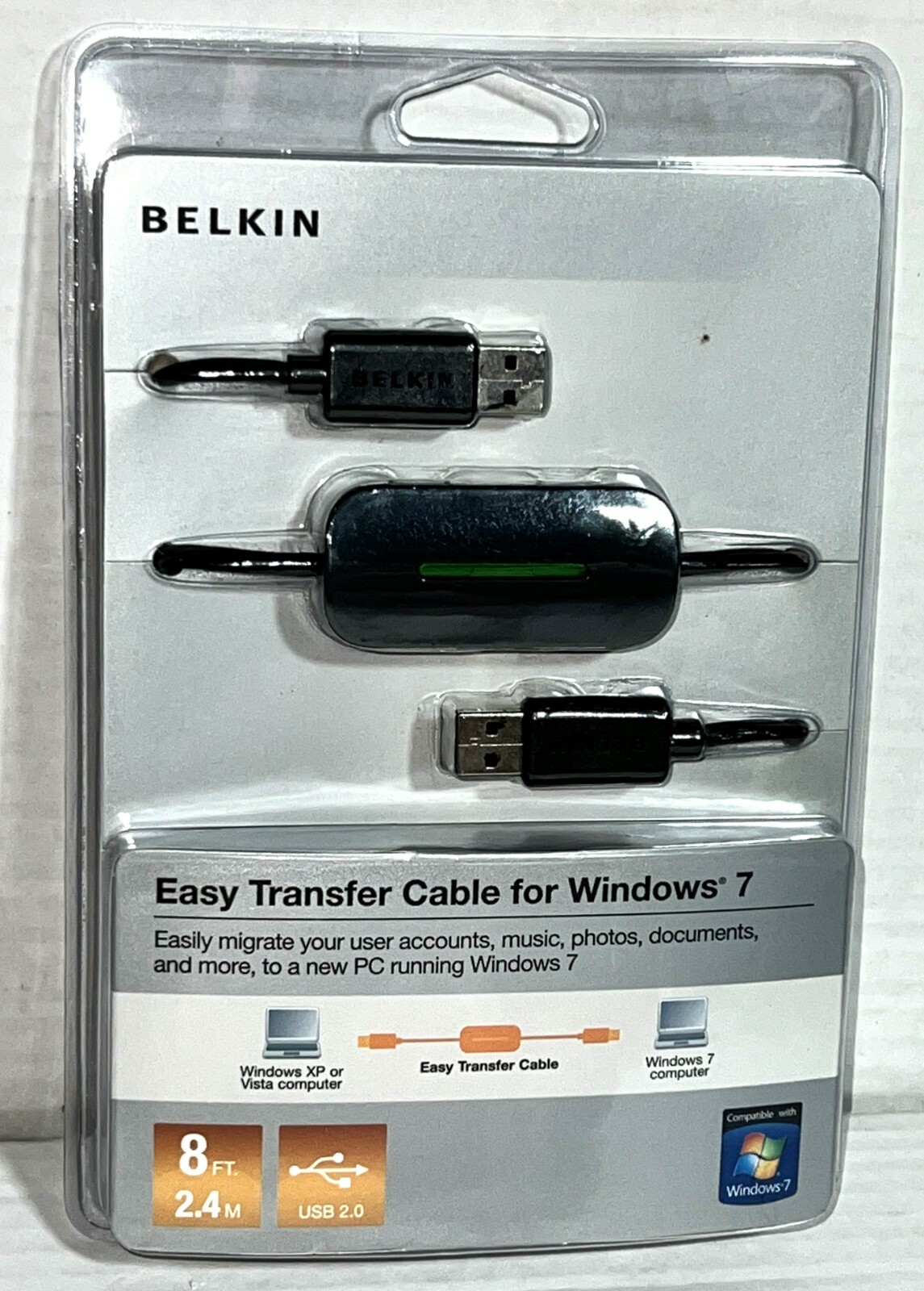 NEW Belkin Easy Transfer Cable 8 ft Double 2.4m USB 2.0 Windows XP or Vista to 7