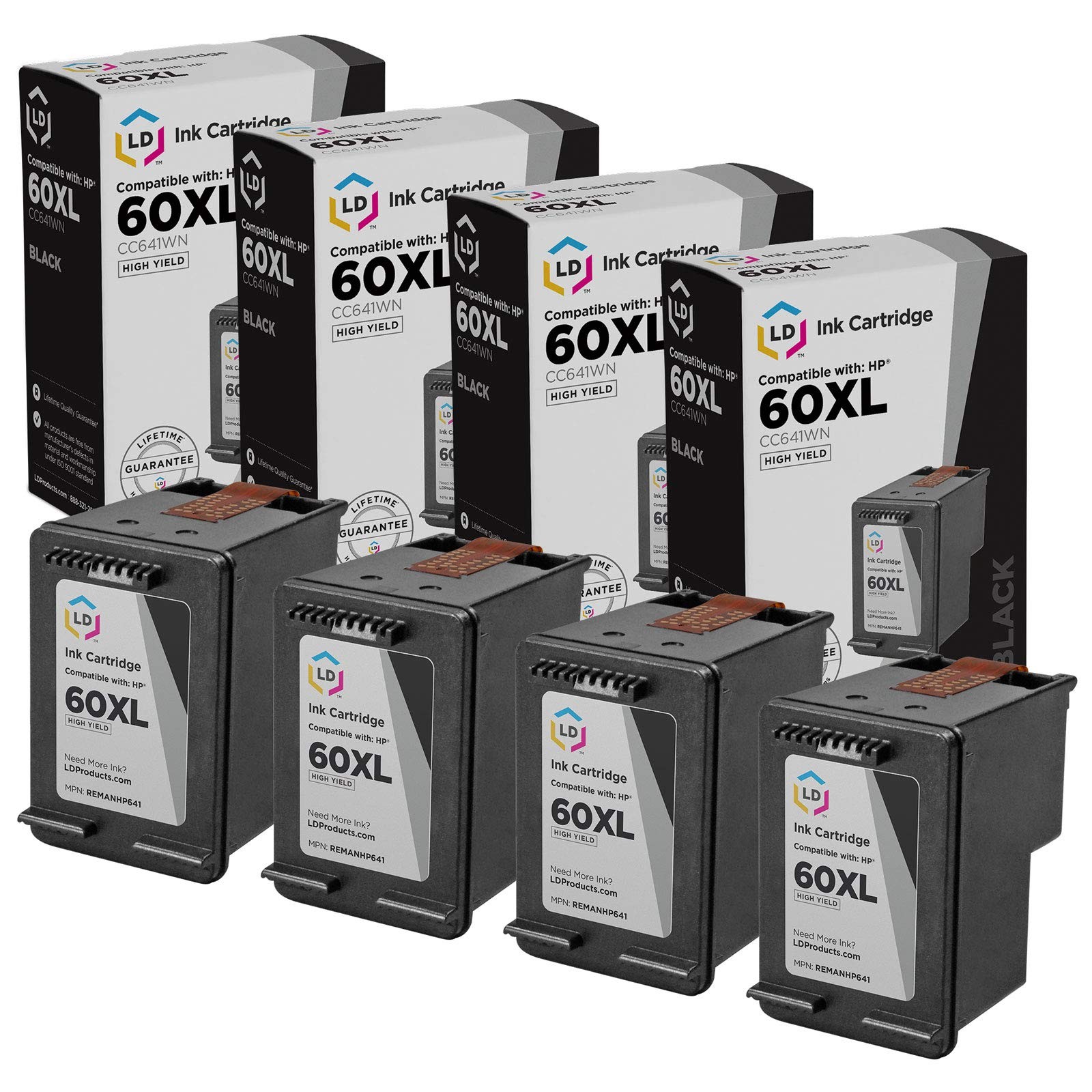 LD Reman Replacement Ink Cartridges for HP CC641WN (HP 60XL) HY Black 4pk