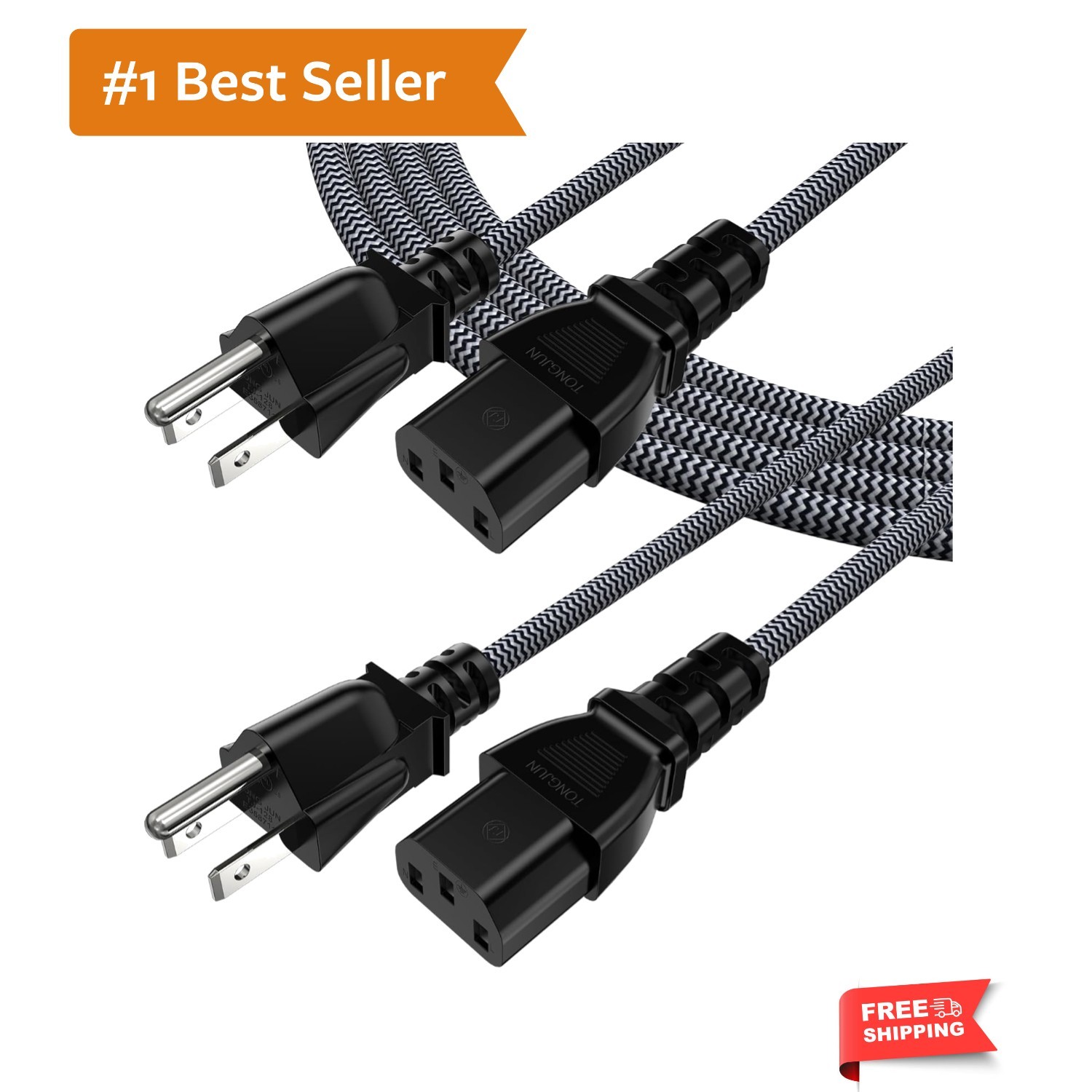 6FT Computer Power Cord 2 Pack, 3 Prong Nylon Braided Replacement Power Cable...