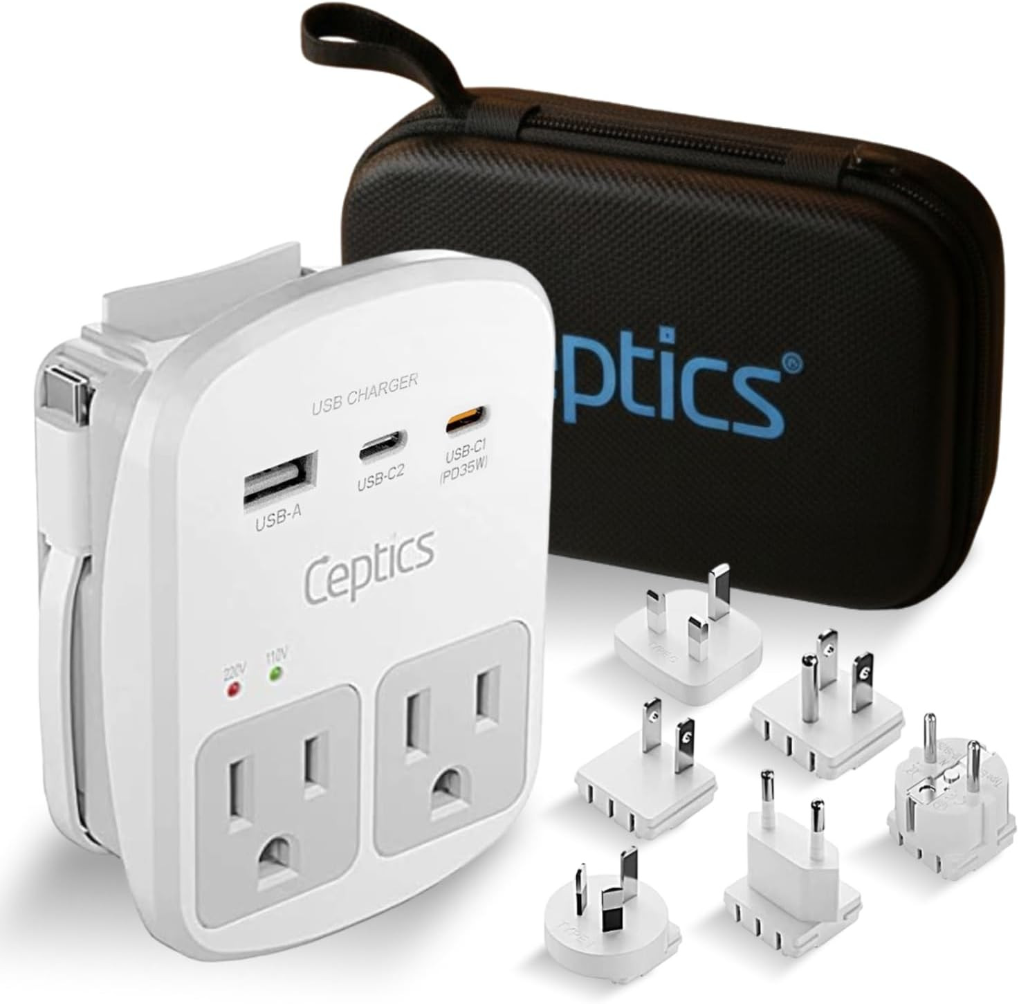 35W Universal Travel Adapter Kit – 2 USA Sockets, USB-A, USBC, 1X PD 35W USB-C a
