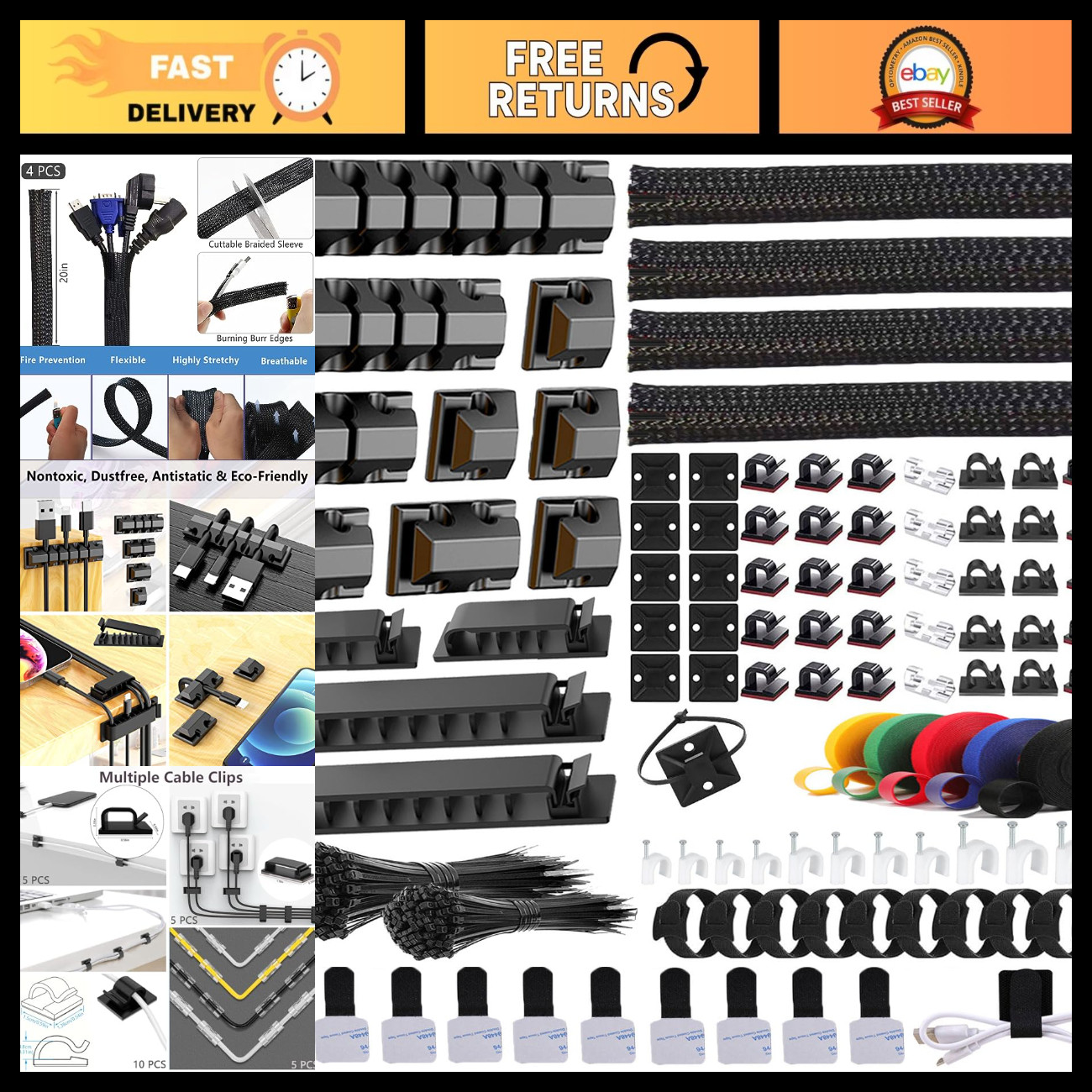 327 PCS Cable Management Kit - 4 Cable Sleeves & 65 Cable Clips for Neat Organiz
