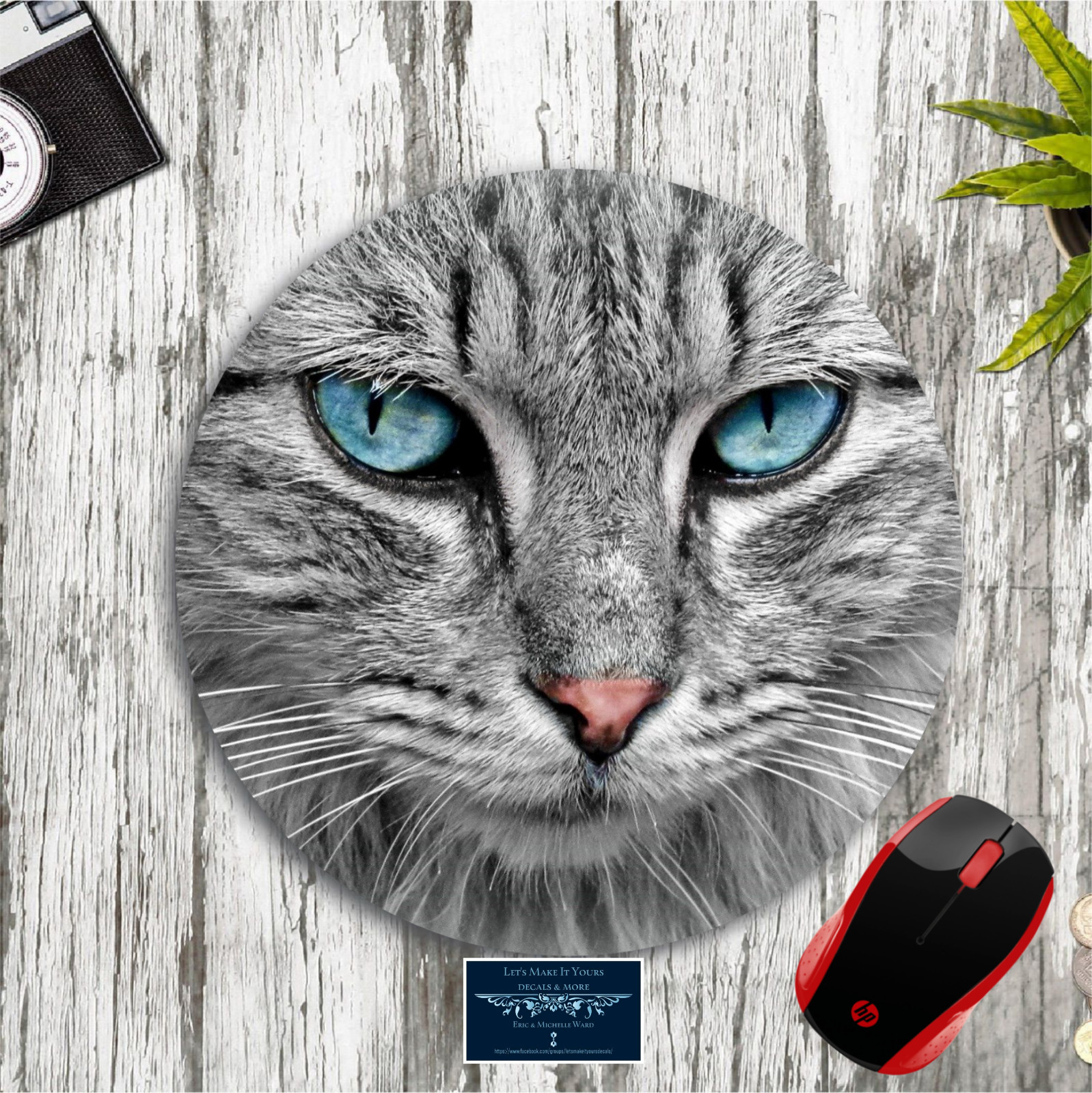 CAT FACE GRAY BLUE EYED CUSTOM MOUSE PAD DESK MAT PC GAMING HOME SCHOOL OFFICE