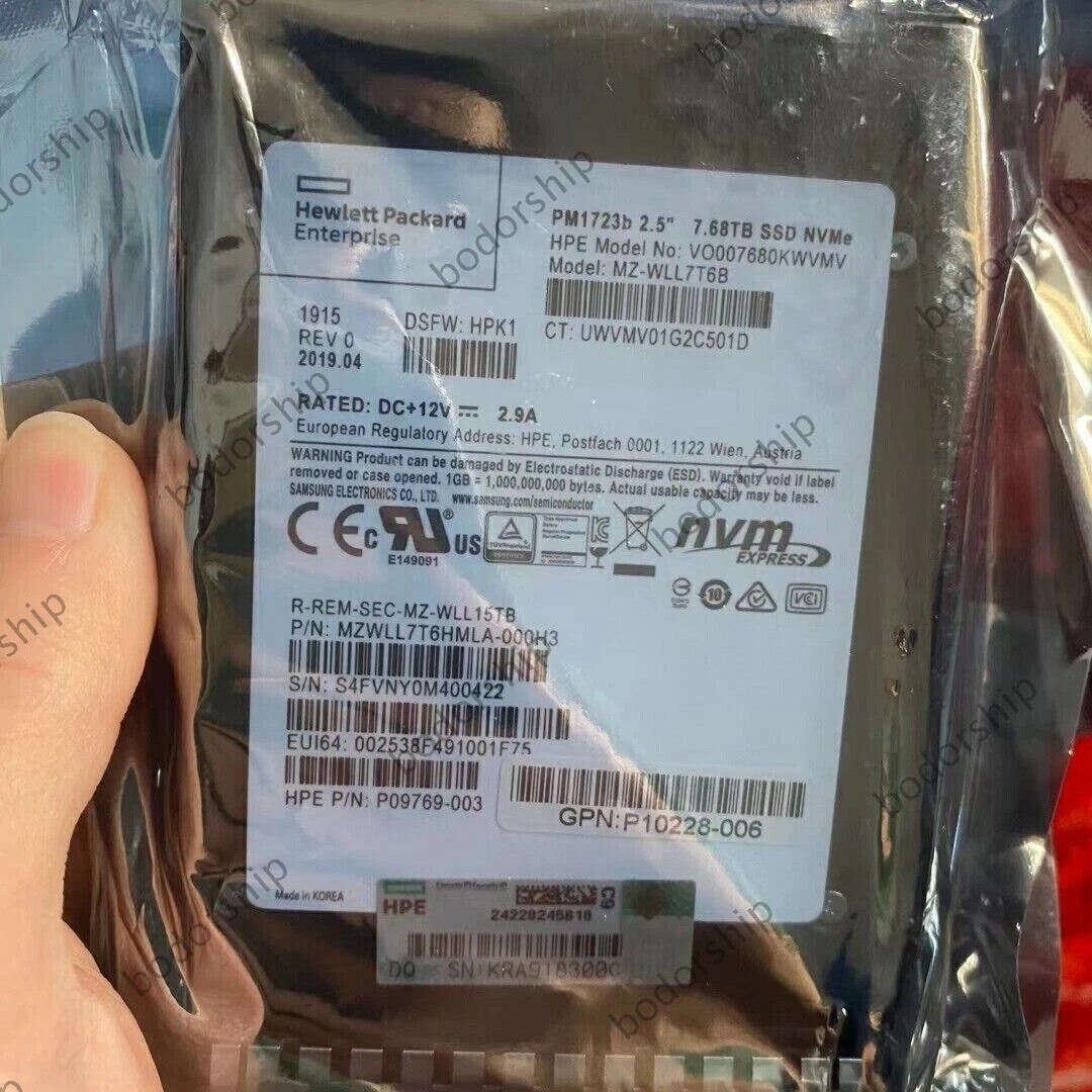 Samsung 7.68TB PM1723b SSD NVME MZ-WLL7T6B U.2 MZWLL7T6HMLA-000H3 HPE 2.5" SSD