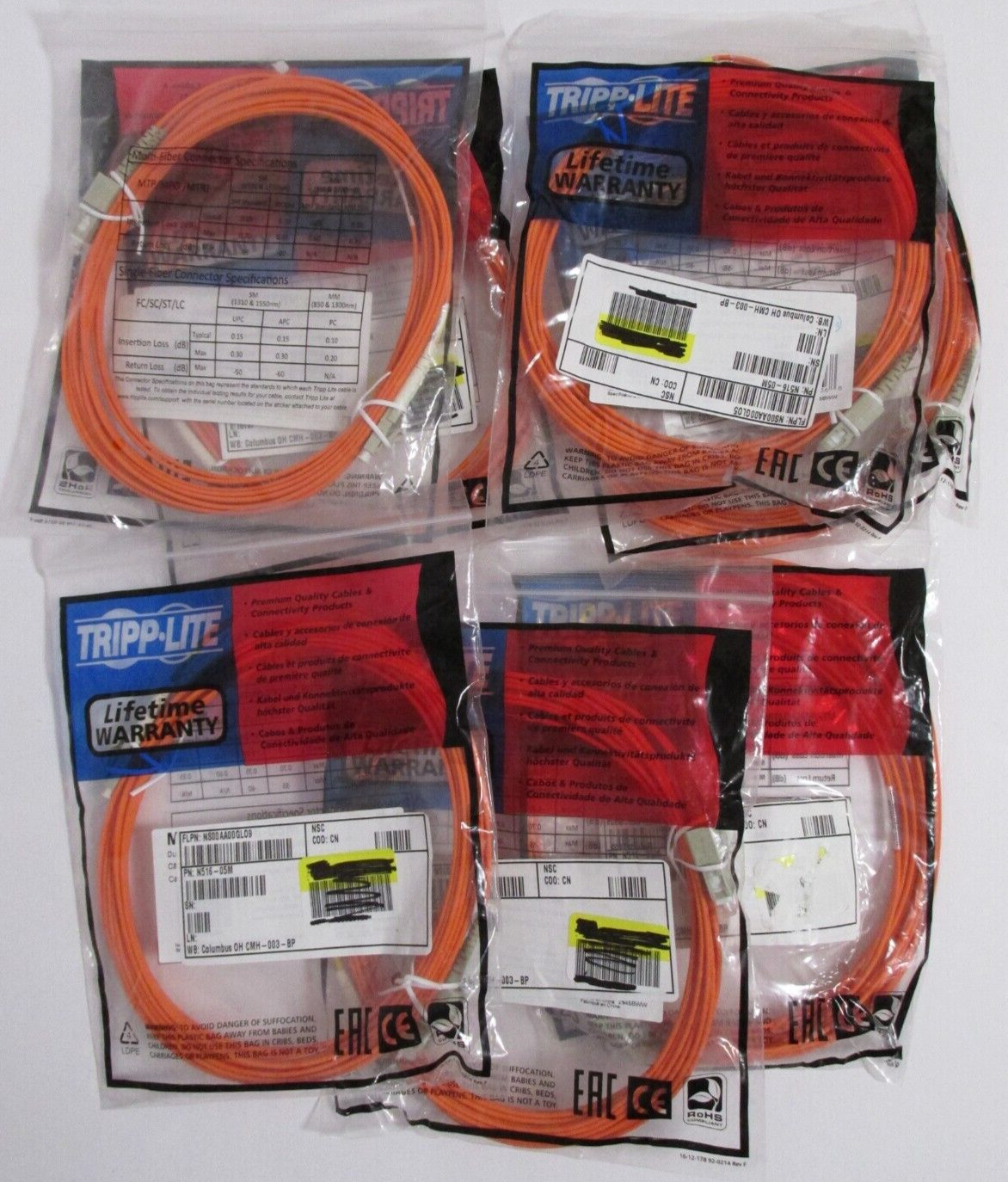 Tripp-Lite 5M Duplex Multimode 50/125 Fiber Optic Patch Cable (Lot of 7)