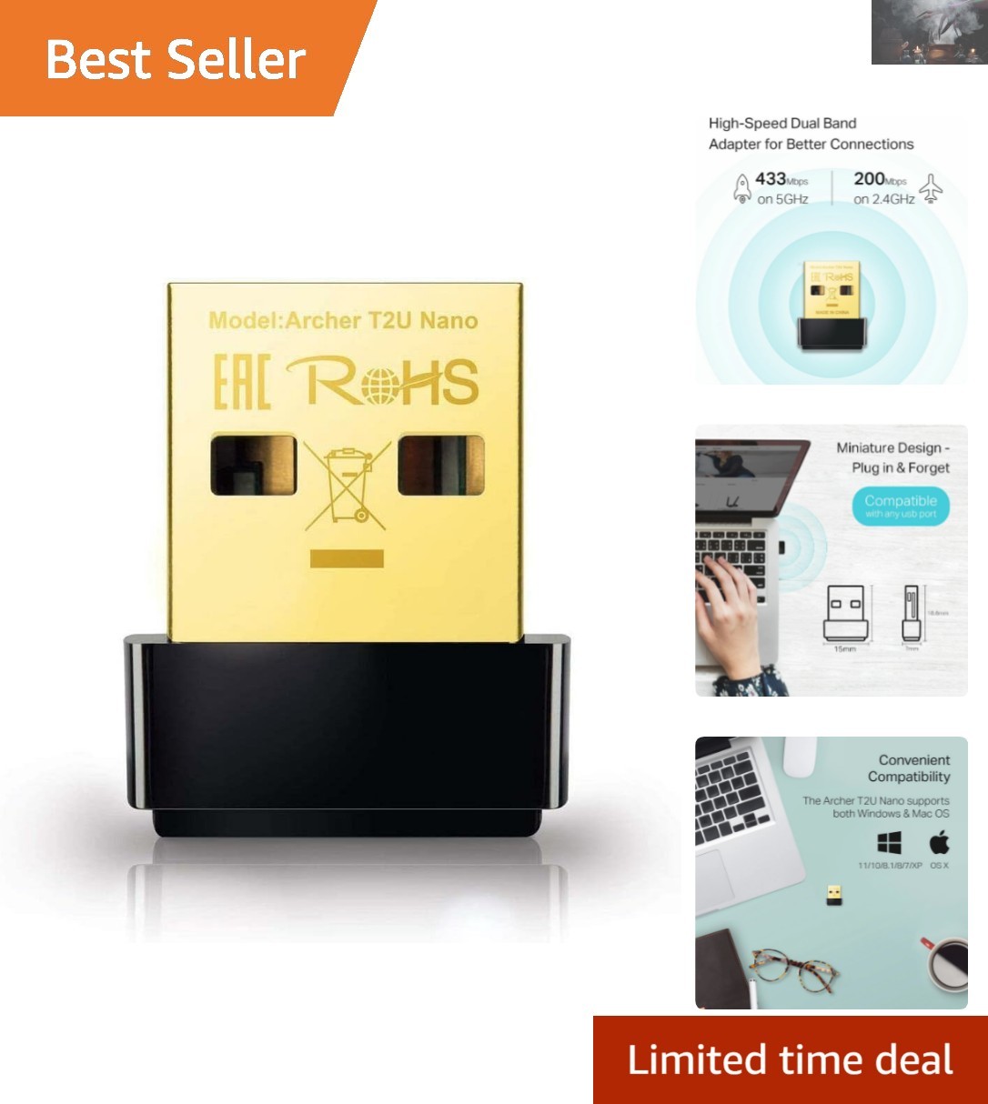 Portable AC600 Nano Size USB WiFi Adapter - High-Speed 2.4G/5G Connection