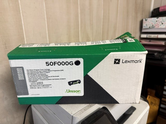 50F000G OEM Lexmark GSA Black Return Program Toner. SEALED BOX, SMALL TEAR.