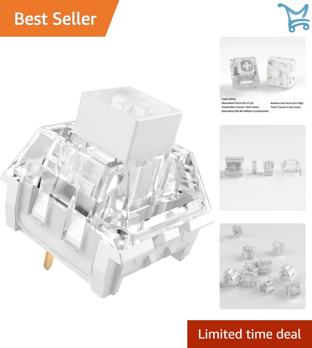 Mechanical Keyboard Switches Box White 36pcs Waterproof 45gf Click Tactile