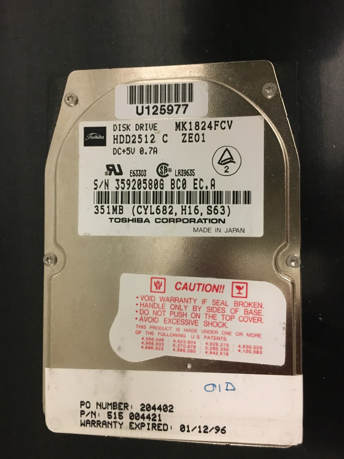 Toshiba Mk1824fcv 351mb 2.5"  Hdd Hard Disk drive Hdd2512 C TESTED 