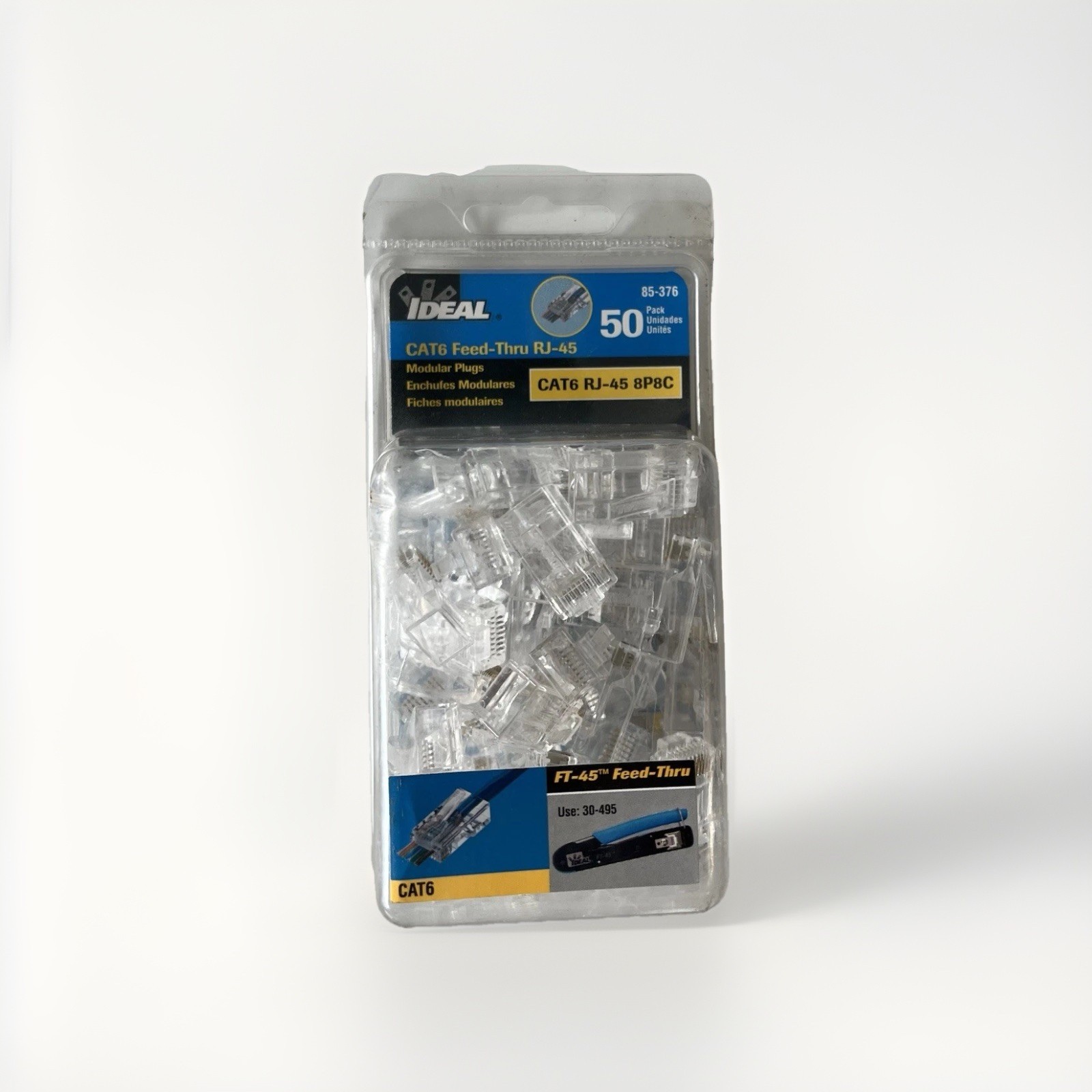 IDEAL Cat6 RJ45 Feed-Thru Modular Plugs Clear Gold Plated 50pcs 85-376