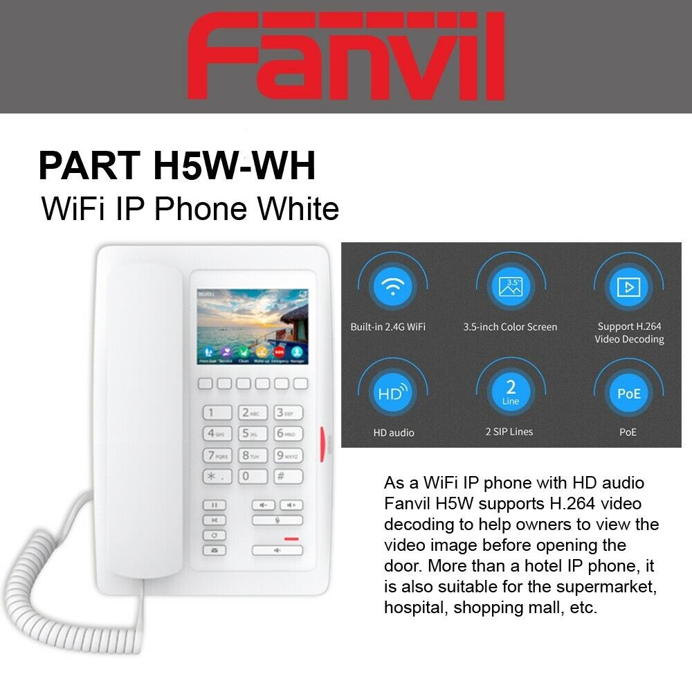 Fanvil H5W White Wi-Fi IP Phone 3.5 Color Screen with 2 SIP Lines 