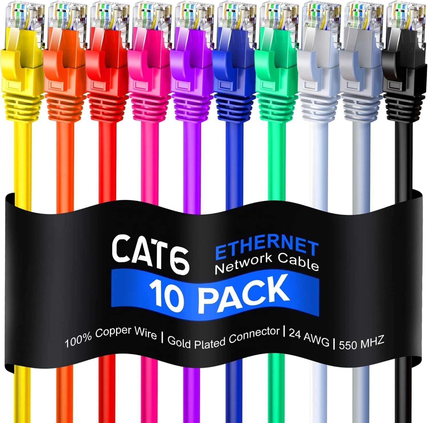Maximm Cat 6 Ethernet Cable 6 Ft, 100% Pure Copper, Cat6 Cable (10 Pack) LAN Cab