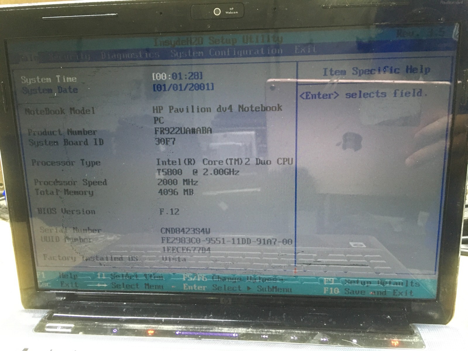 HP Pavilion DV4-1125NR Intel Core 2 Duo T5800 2GHz 4 GB NO HDD No Batt